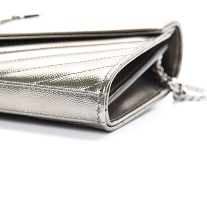 Saint Laurent Metallic Grain De Poudre Matelasse Chevron Monogram Chain Wallet Piombo 10 of 11
