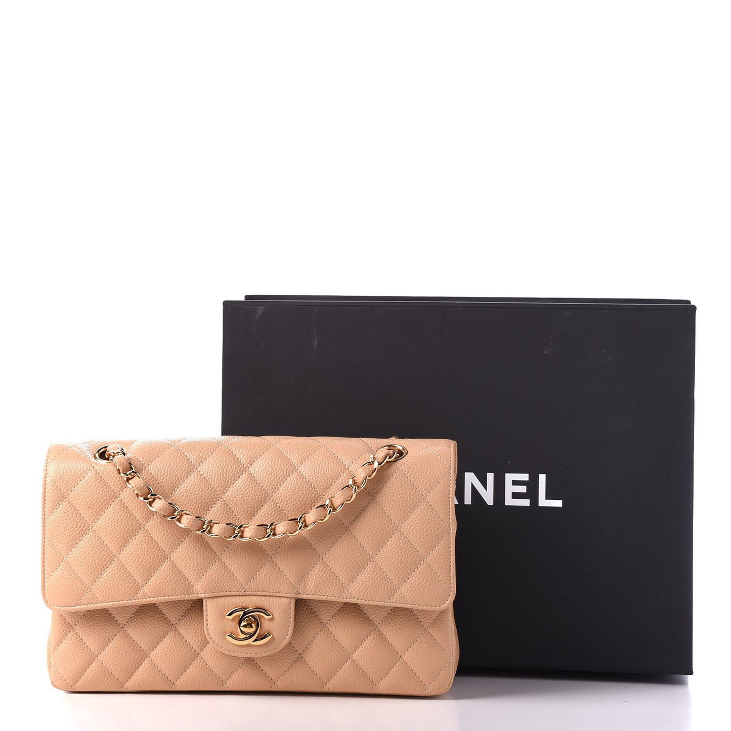 Caviar Quilted Medium Double Flap Light Beige