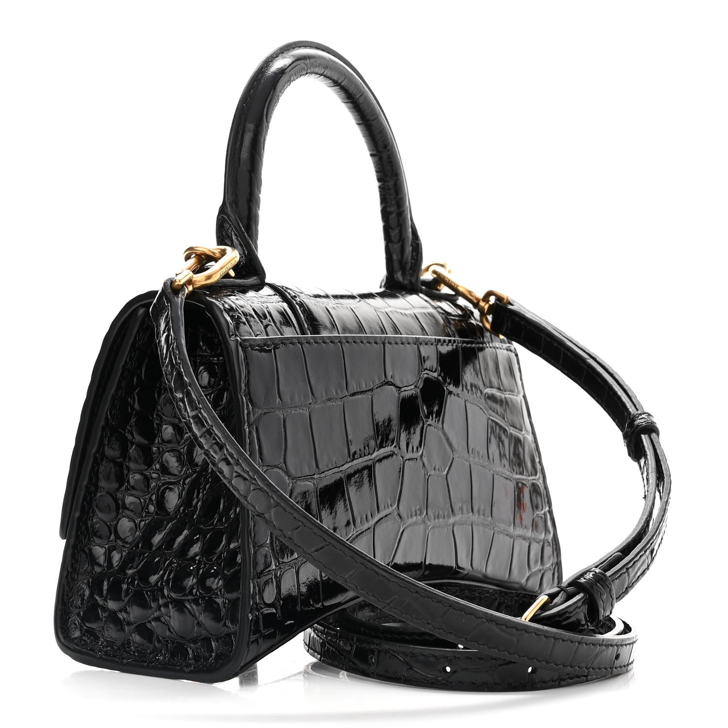 Balenciaga Shiny Calfskin Crocodile Embossed Hourglass Top Handle Bag XS Black 3 of 9