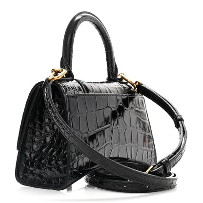 Balenciaga Shiny Calfskin Crocodile Embossed Hourglass Top Handle Bag XS Black 3 of 9