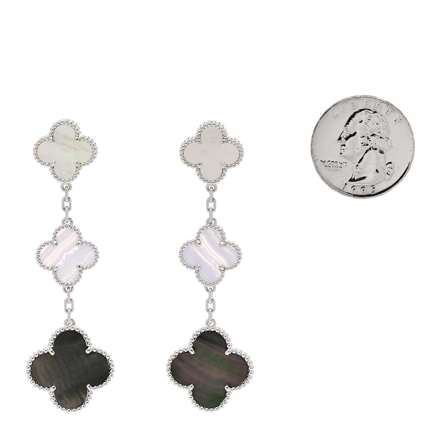 18K White Gold Mother of Pearl Chalcedony 3 Motifs Magic Alhambra Earrings