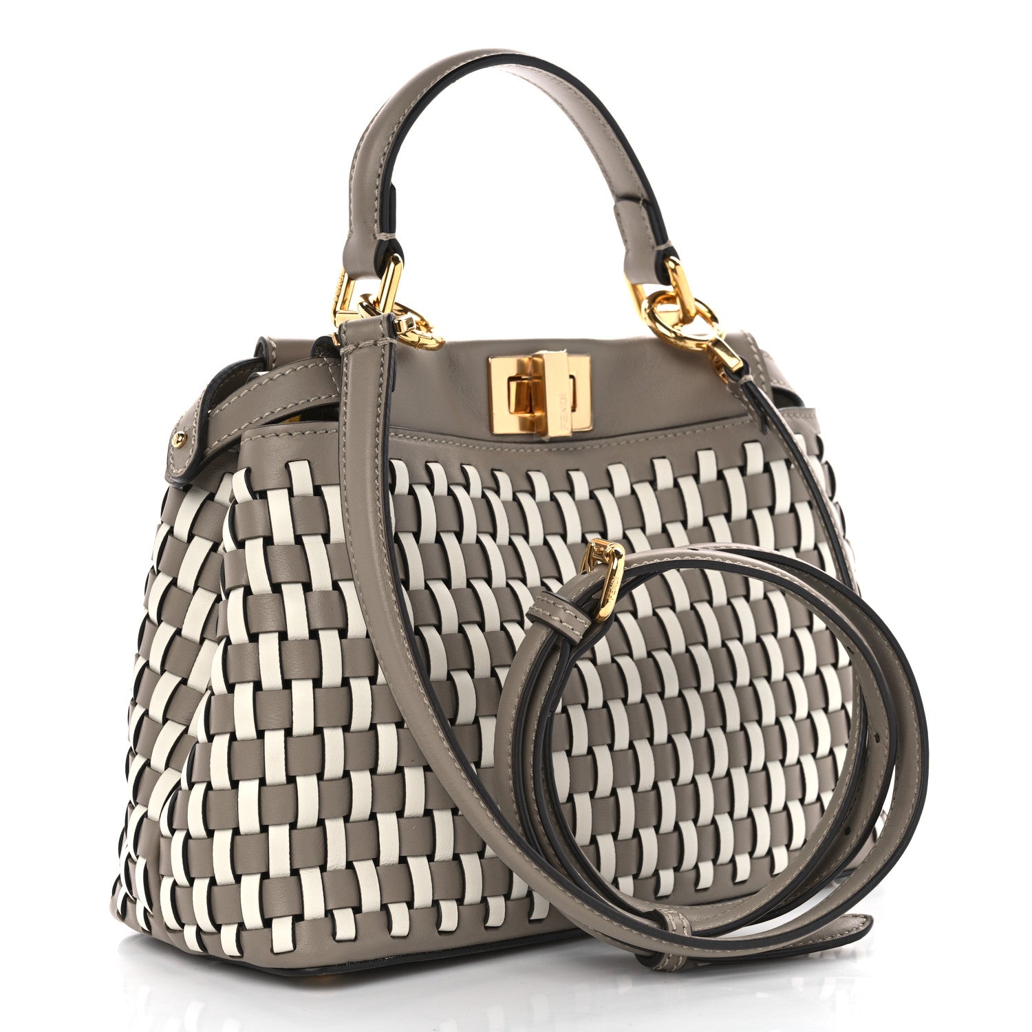 Fendi Calfskin Woven Mini Peekaboo Iconic Satchel Tortora 4 of 19