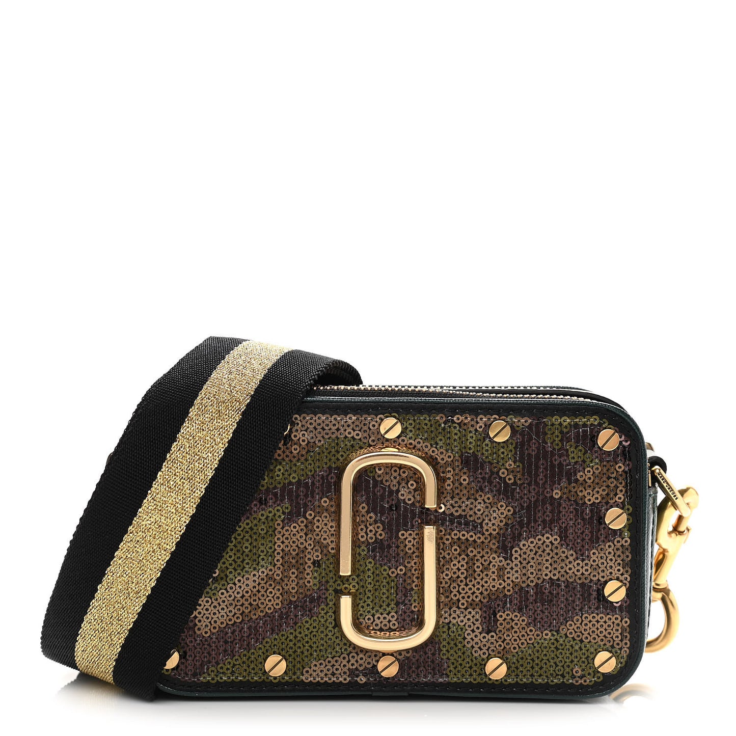 Saffiano Sequin Camouflage Stud Snapshot Camera Bag Green Gold