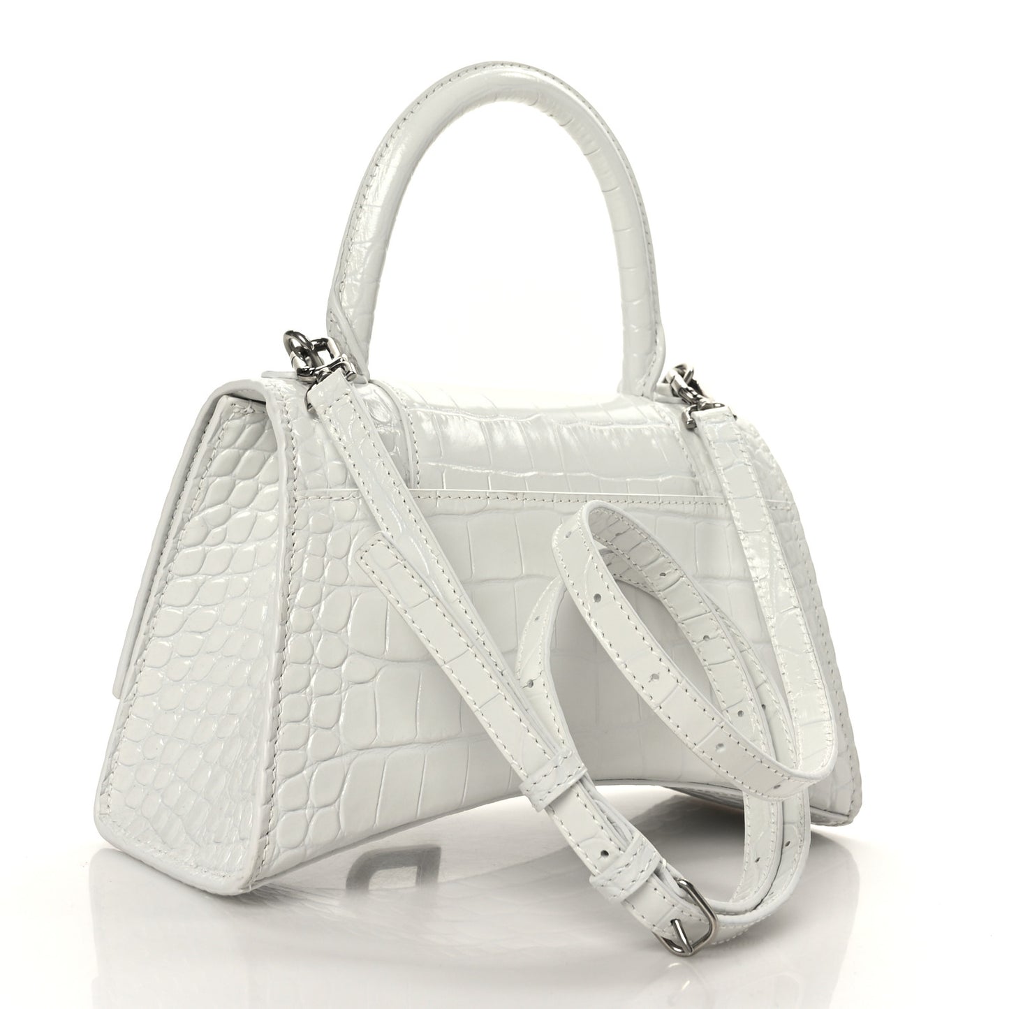 Calfskin Crocodile Embossed Small Hourglass Top Handle Bag White