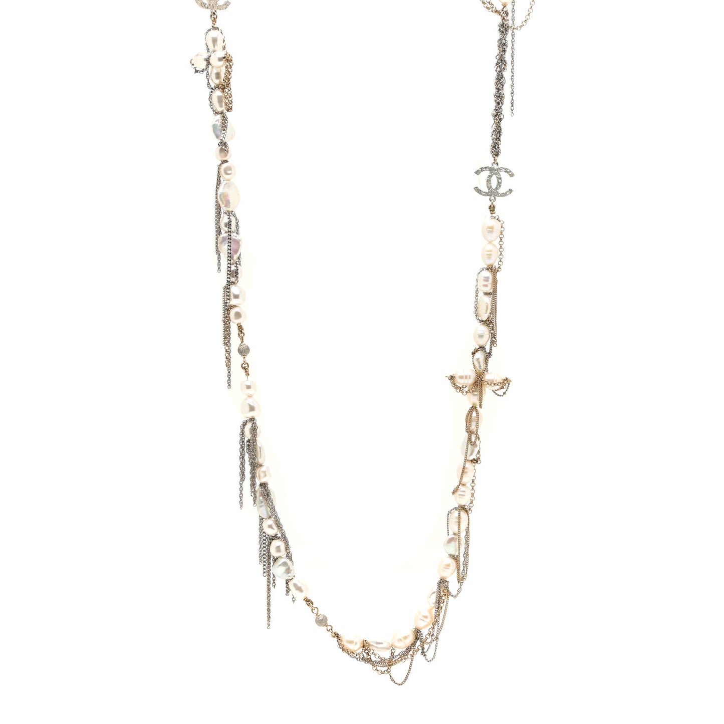 Pearl Chain CC Necklace Gold Silver
