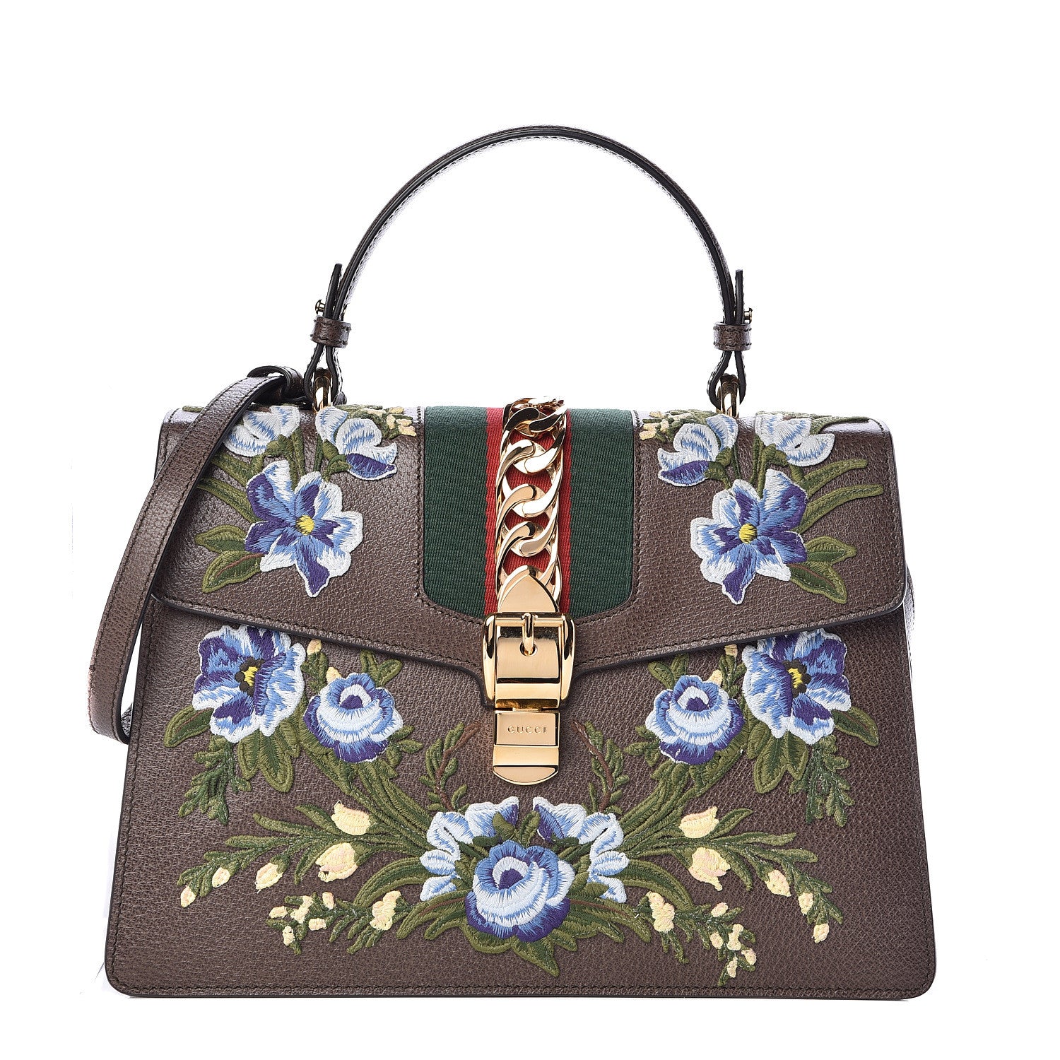 Gucci Calfskin Embroidered Medium Sylvie Top Handle Bag New Acero Multicolor 1 of 10
