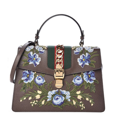 Gucci Calfskin Embroidered Medium Sylvie Top Handle Bag New Acero Multicolor 1 of 10