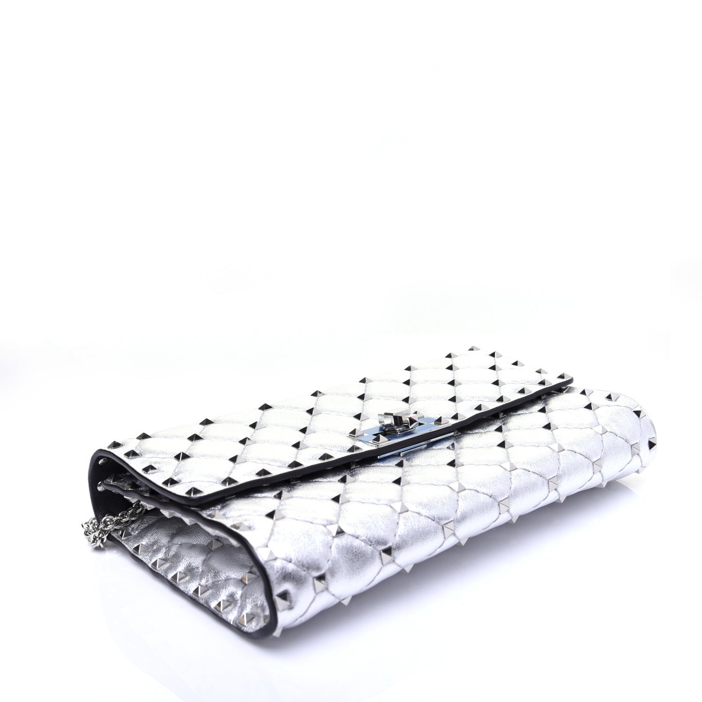 Metallic Lambskin Rockstud Spike Wallet on Chain Silver