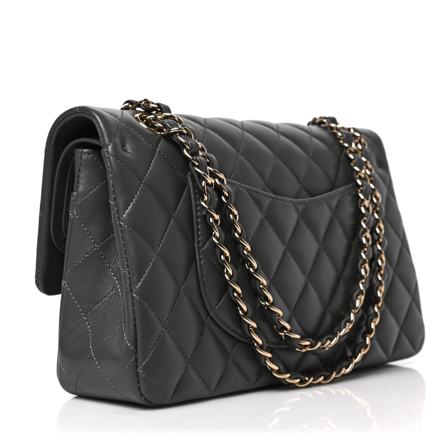 Lambskin Quilted Medium Double Flap Dark Grey