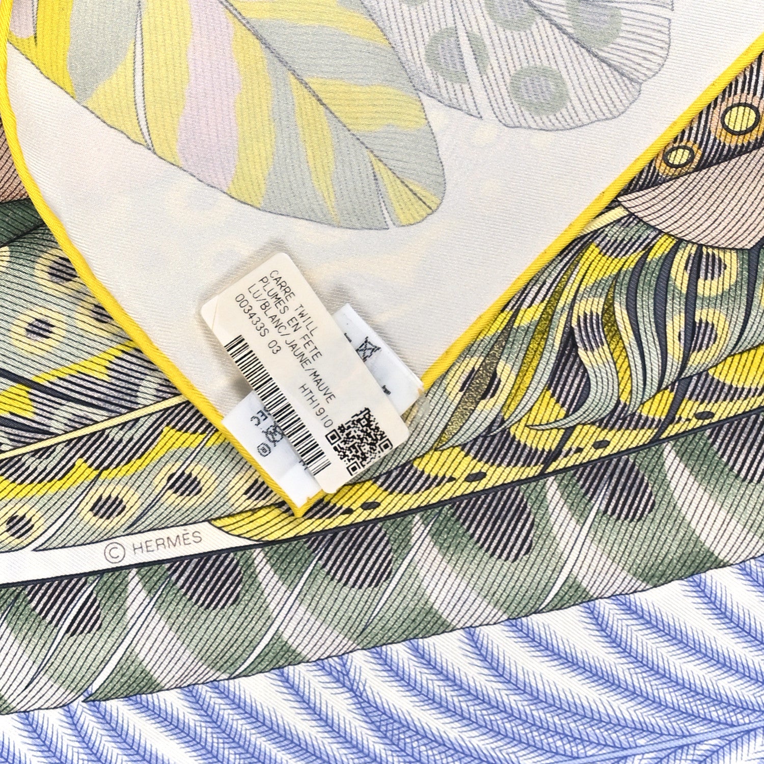 Hermes Silk Plumes En Fete Scarf 90 Blanc Jaune Mauve 3 of 3