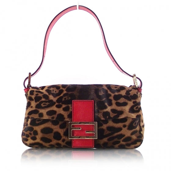 Calf Hair Leopard Print Baguette Red