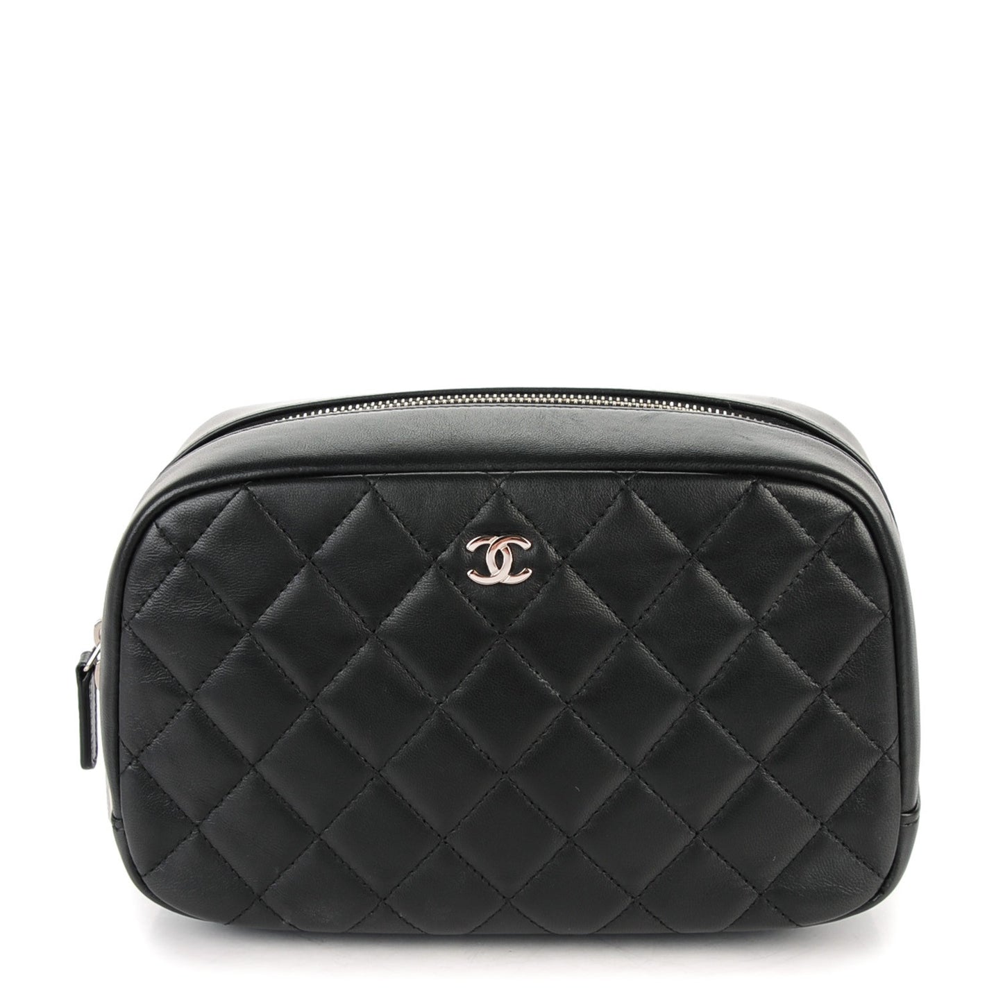 Lambskin Quilted Curvy Pouch Cosmetic Case Black