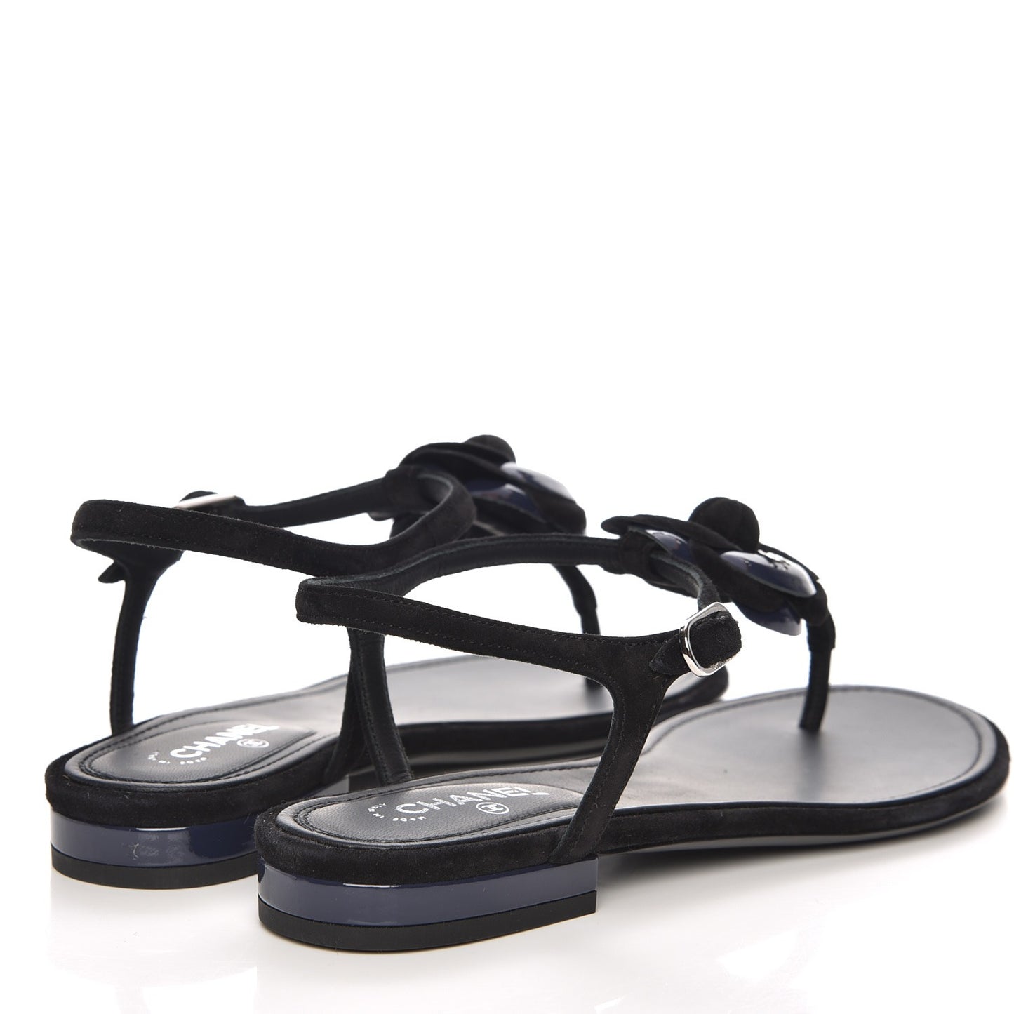 Suede Patent Calfskin Camellia Thong Sandals 36 Black