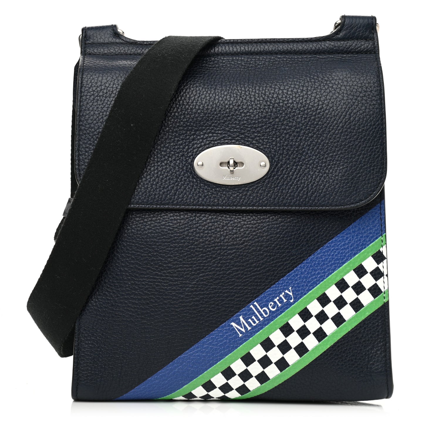 Natural Grain Calfskin Racing Stripe Antony Messenger Crossbody Midnight Blue