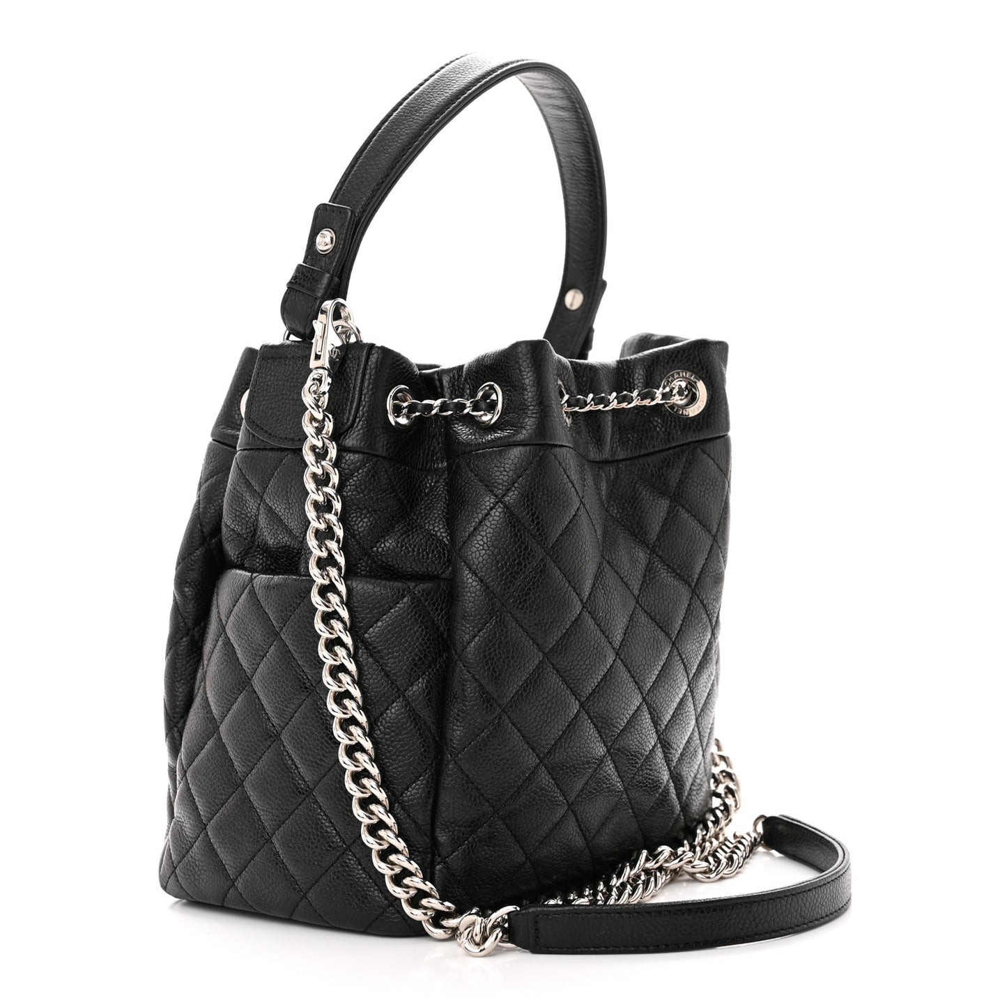 Caviar Quilted Small Chain Bucket Bag Black