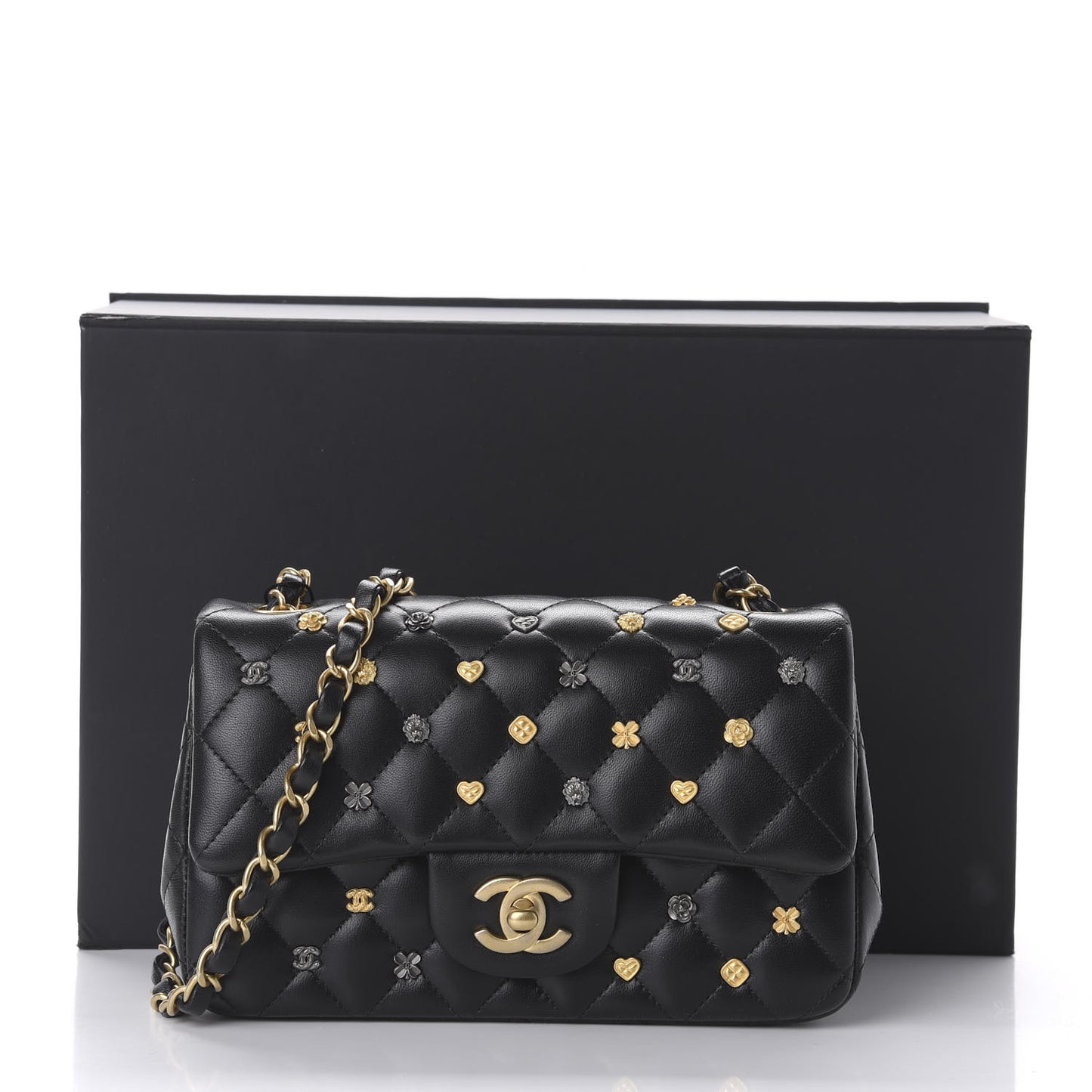 Lambskin Quilted Studded Mini Rectangular Flap Black