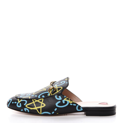 Gucci Calfskin GucciGhost Print Womens Princetown Slippers 38 Black New Acquamarine 1 of 9