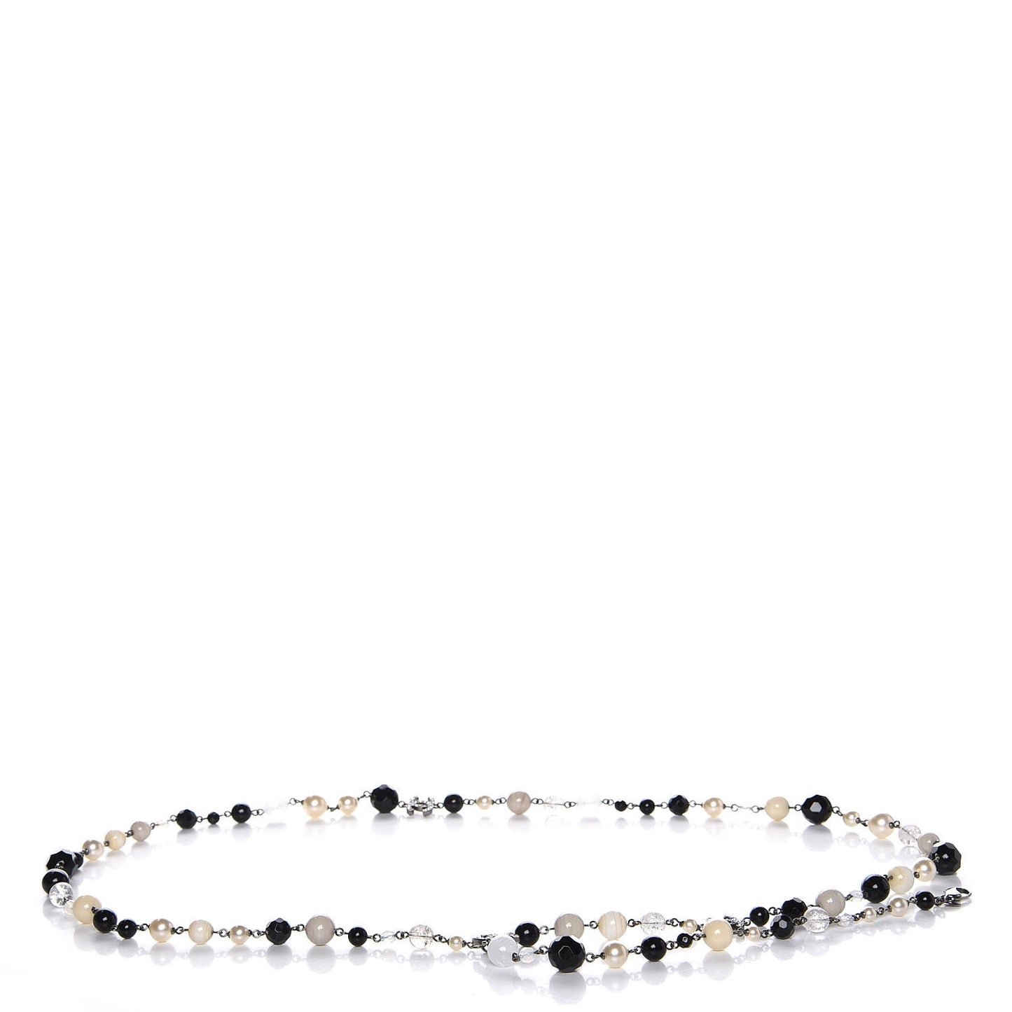 Pearl Crystal Bead CC Long Necklace Black Silver