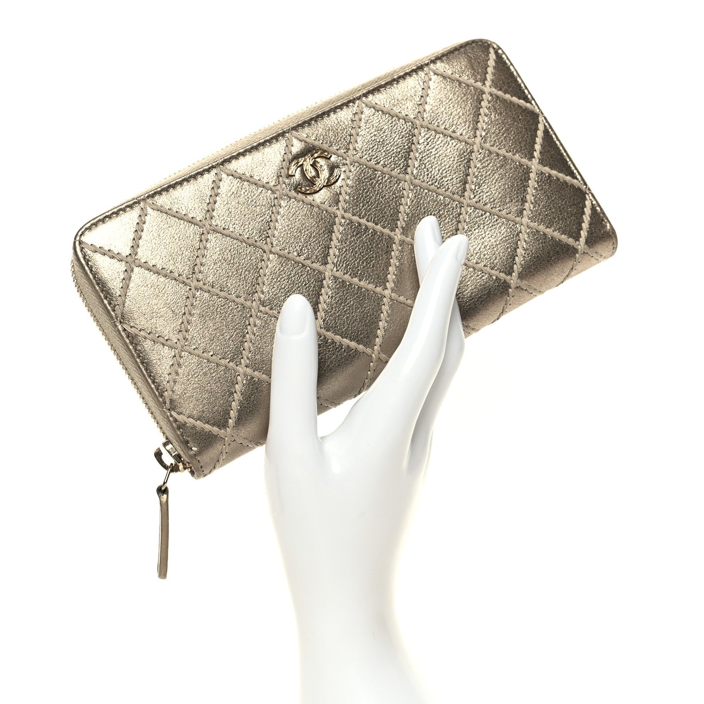 Metallic Lambskin Stitch Large Zip Around Wallet Gold