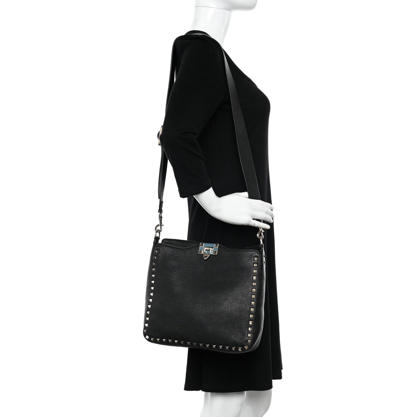 Pebbled Calfskin Small Rockstud Flip-Lock Messenger Bag Black