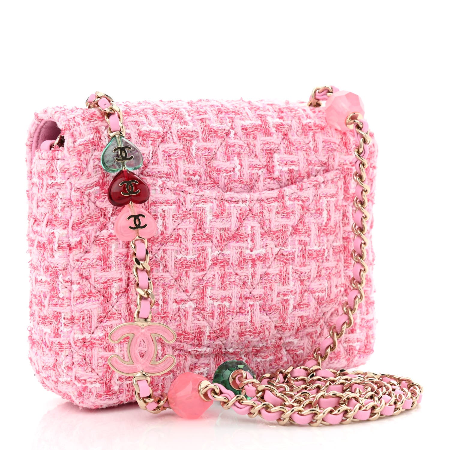 Chanel Tweed Resin Quilted Mini Heart Square Flap Pink White 3 of 11