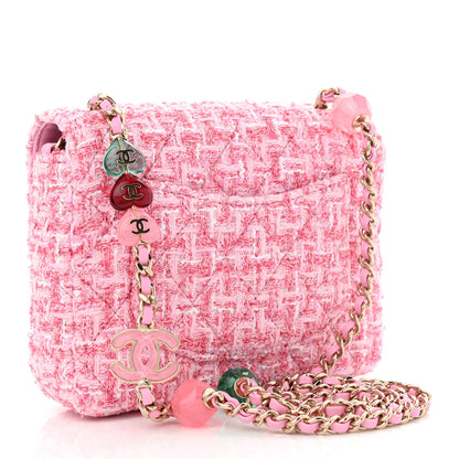 Chanel Tweed Resin Quilted Mini Heart Square Flap Pink White 3 of 11