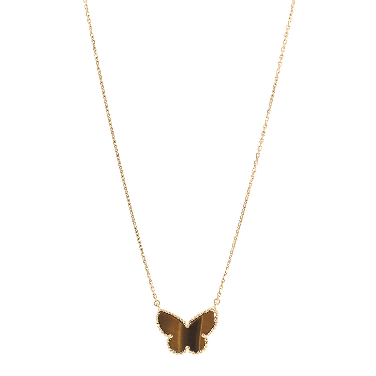 Van Cleef & Arpels 18K Yellow Gold Tiger Eye Lucky Alhambra Butterfly Pendant Necklace 1 of 6