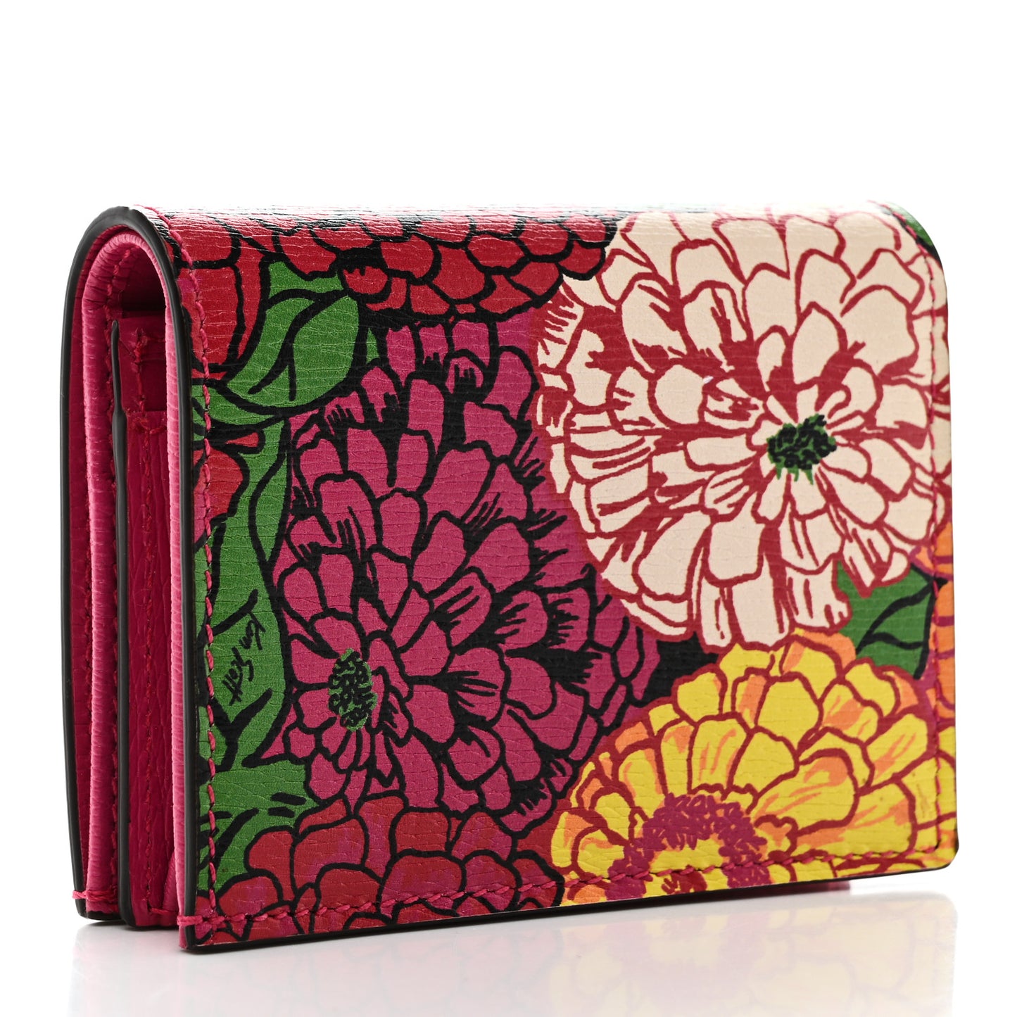 X KEN SCOTT Textured Calfskin Pomponica Print Horsebit 1955 Card Case Wallet Multicolor Fuxia Pompom