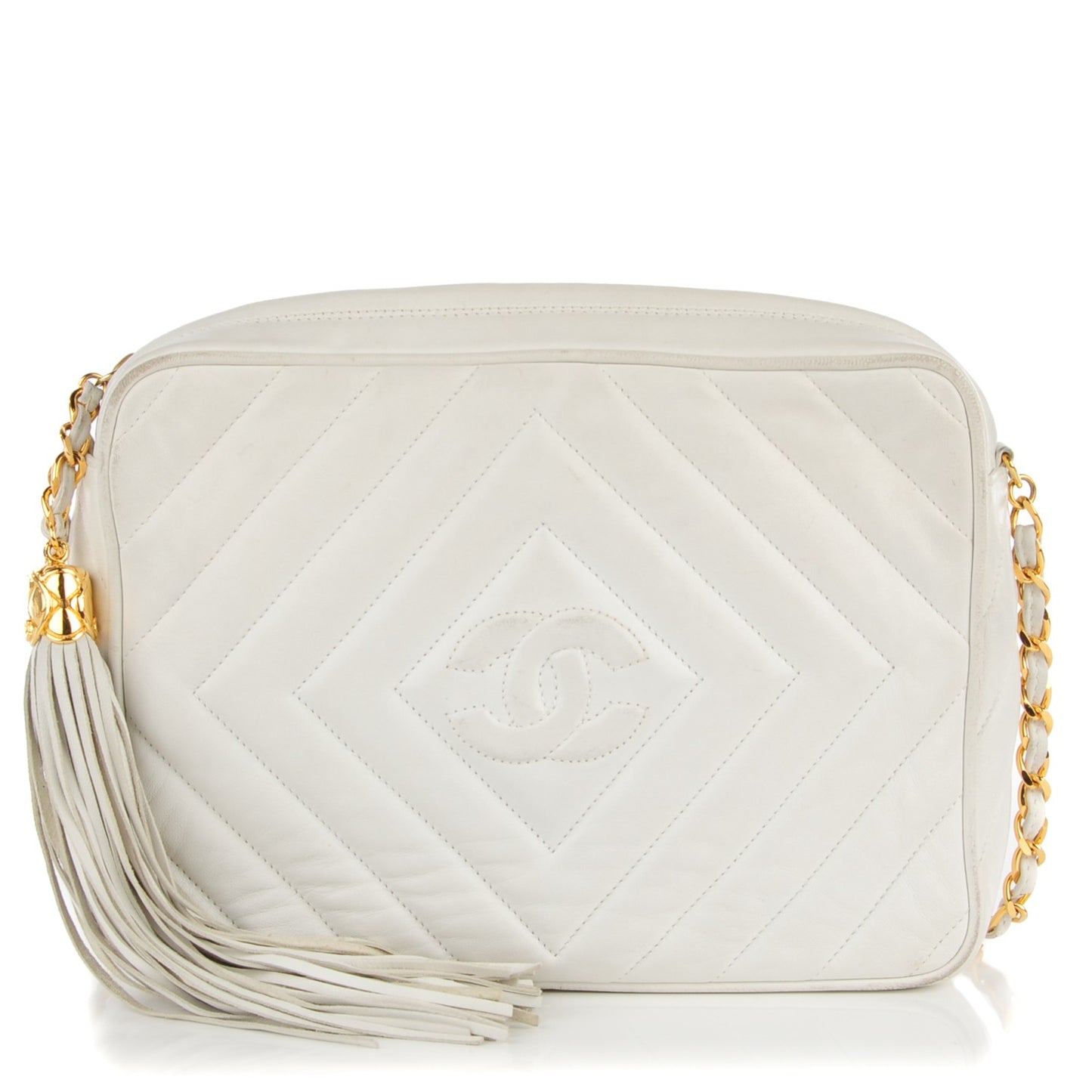 Lambskin Chevron Medium Tassel Camera Case White