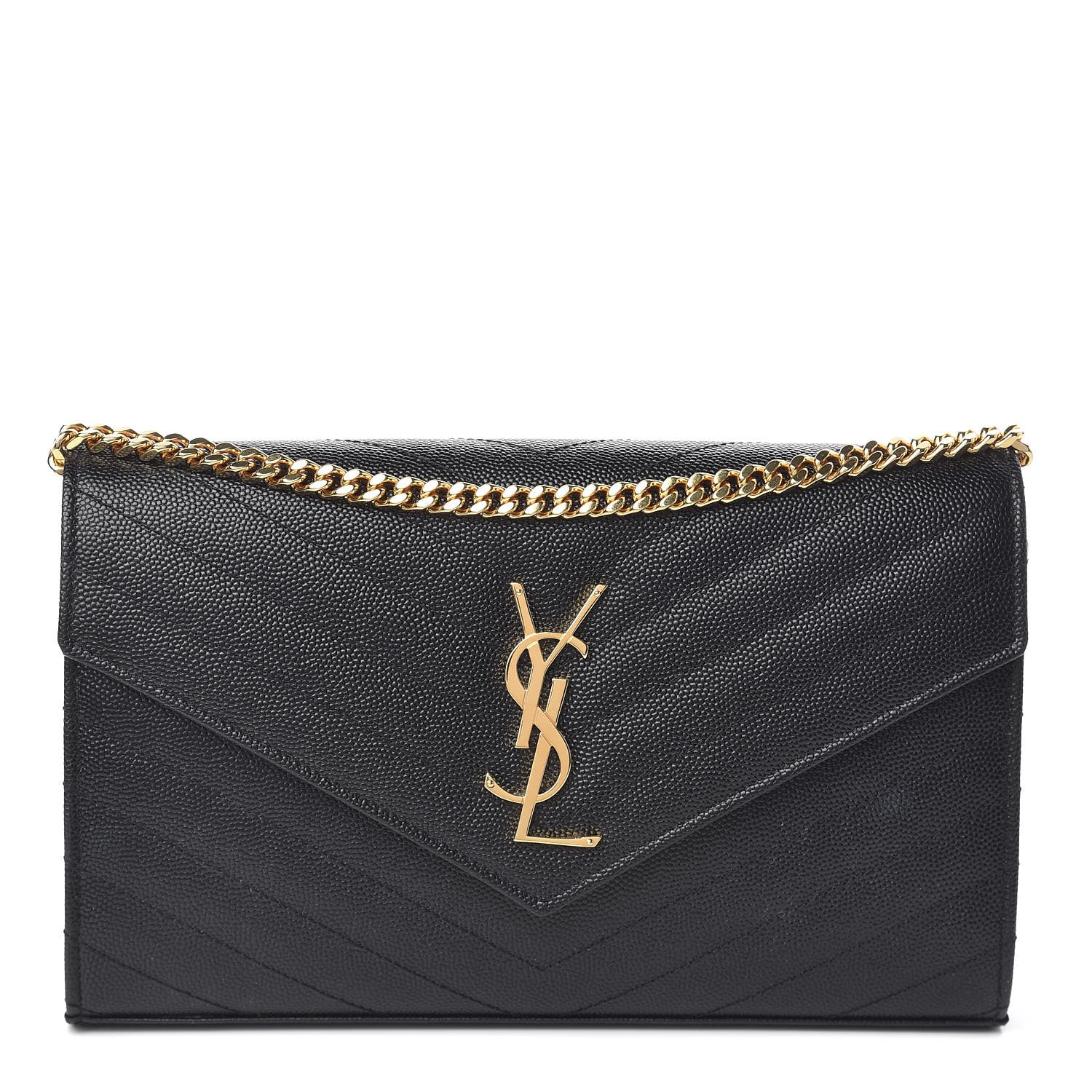 Saint Laurent Grain De Poudre Matelasse Chevron Monogram Chain Wallet Black 1 of 11
