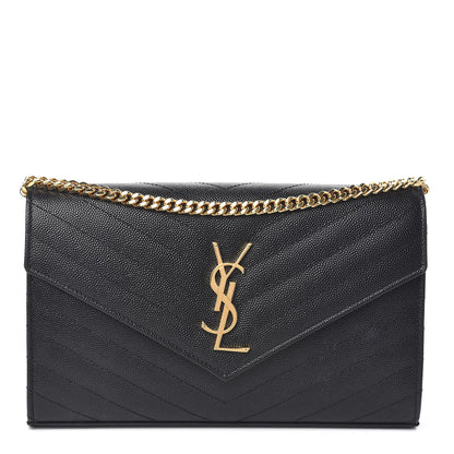 Saint Laurent Grain De Poudre Matelasse Chevron Monogram Chain Wallet Black 1 of 11