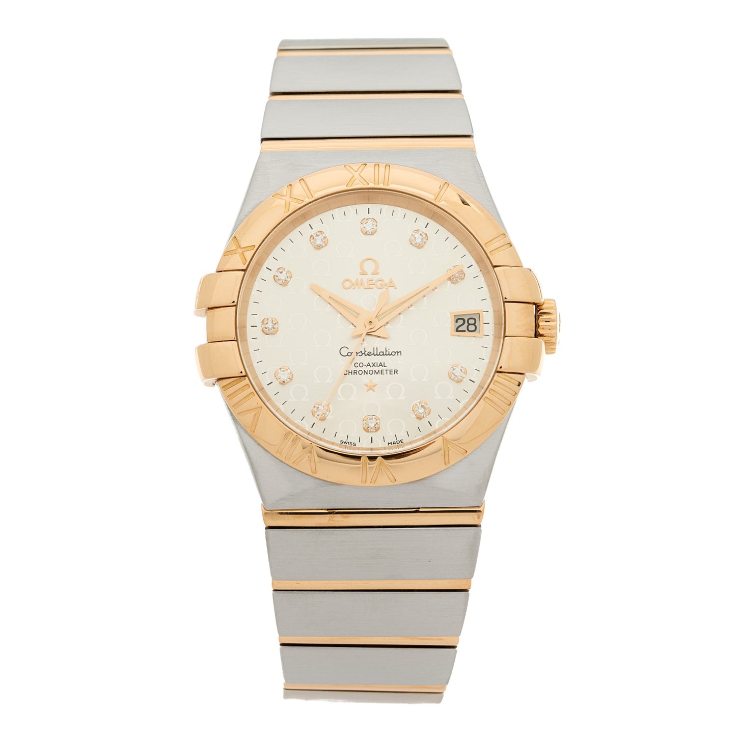 Stainless Steel 18K Yellow Gold Diamond 35mm Constellation Co-Axial Automatic Watch Silver 123.20.35.20.52.004