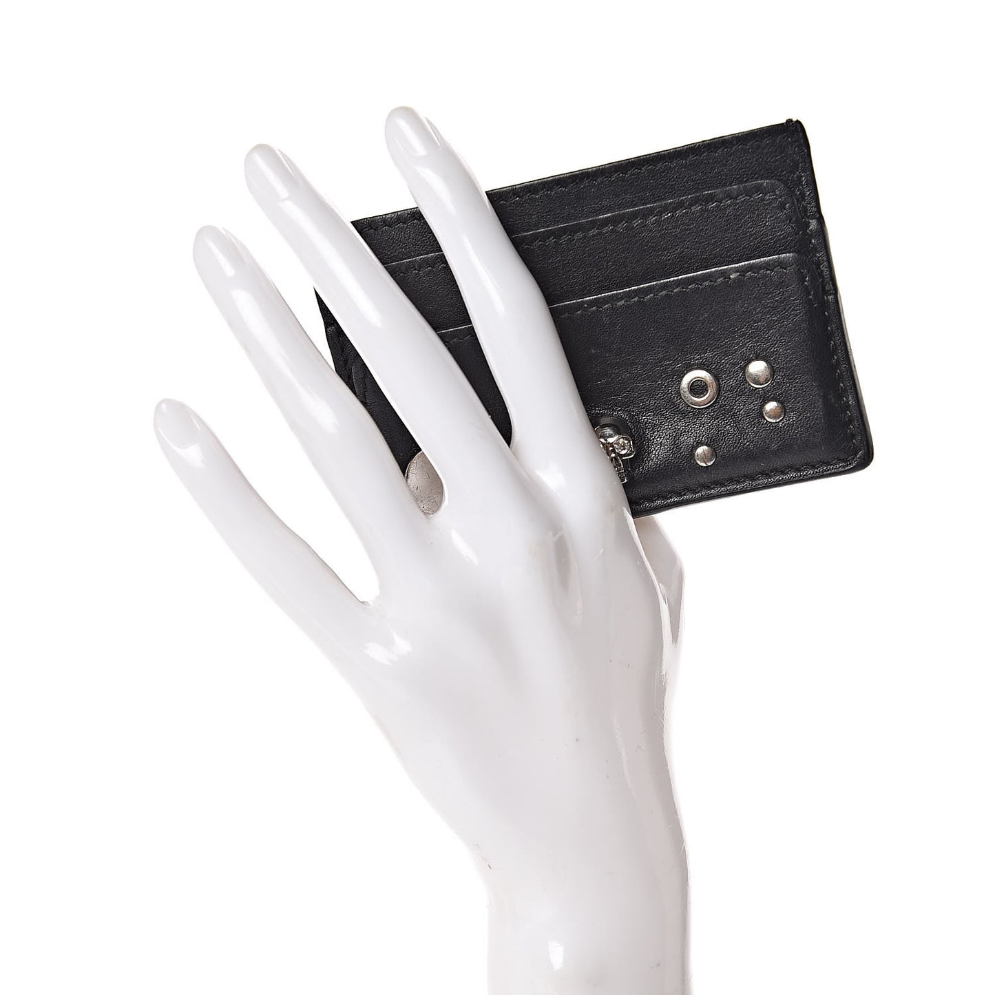Calfskin Studded Skull Card Holder Black