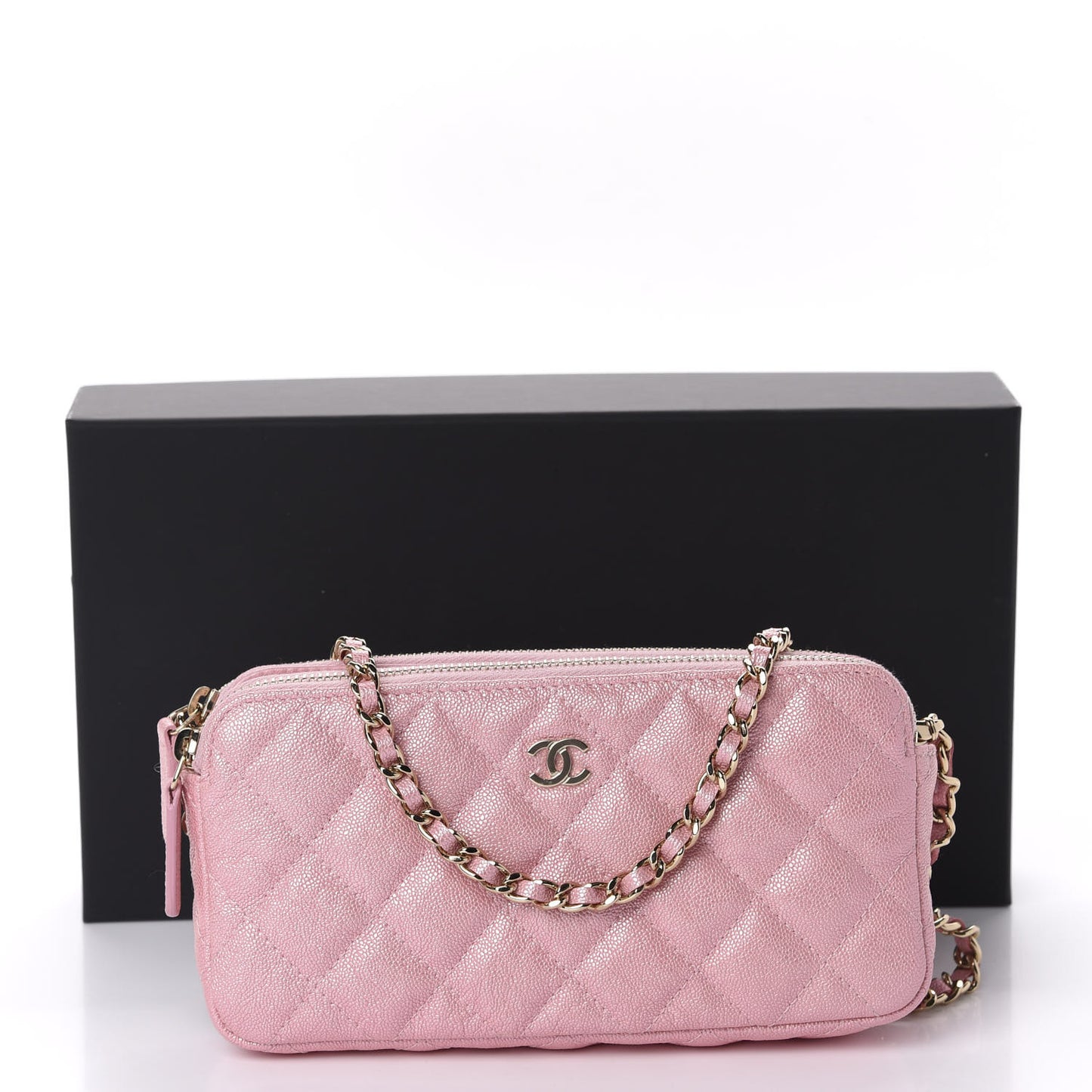Iridescent Caviar Quilted Small Clutch With Chain Pink