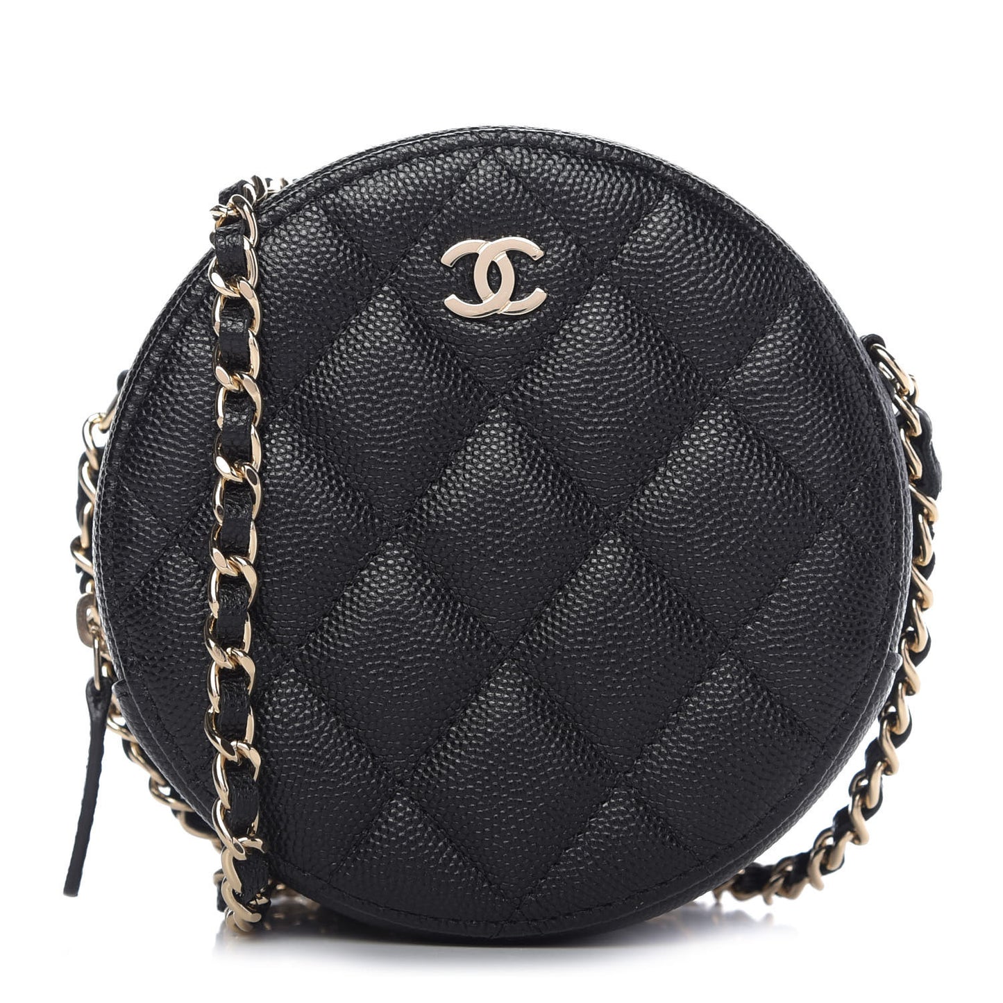 Caviar Quilted Round Clutch With Chain Black