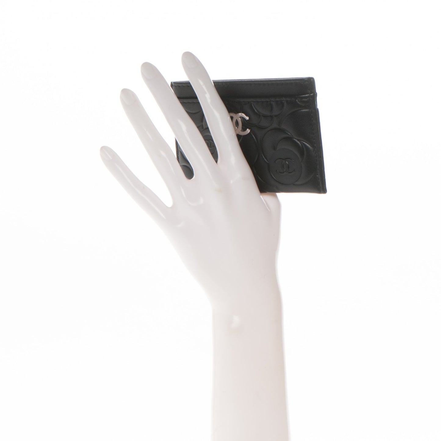 Lambskin Camellia Embossed Card Holder Black