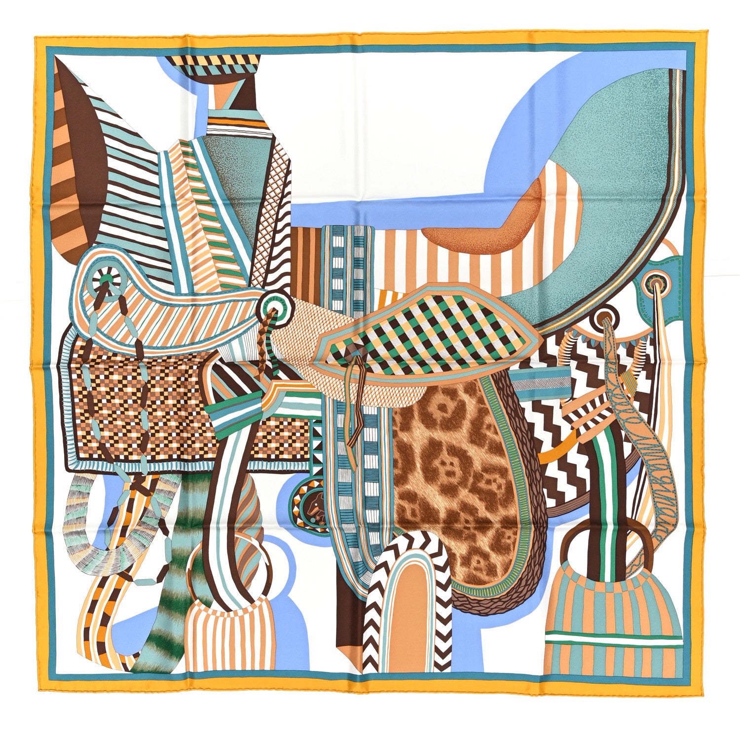 Hermes Silk La Selle Imaginaire Scarf 90 Miel Vert White 1 of 4