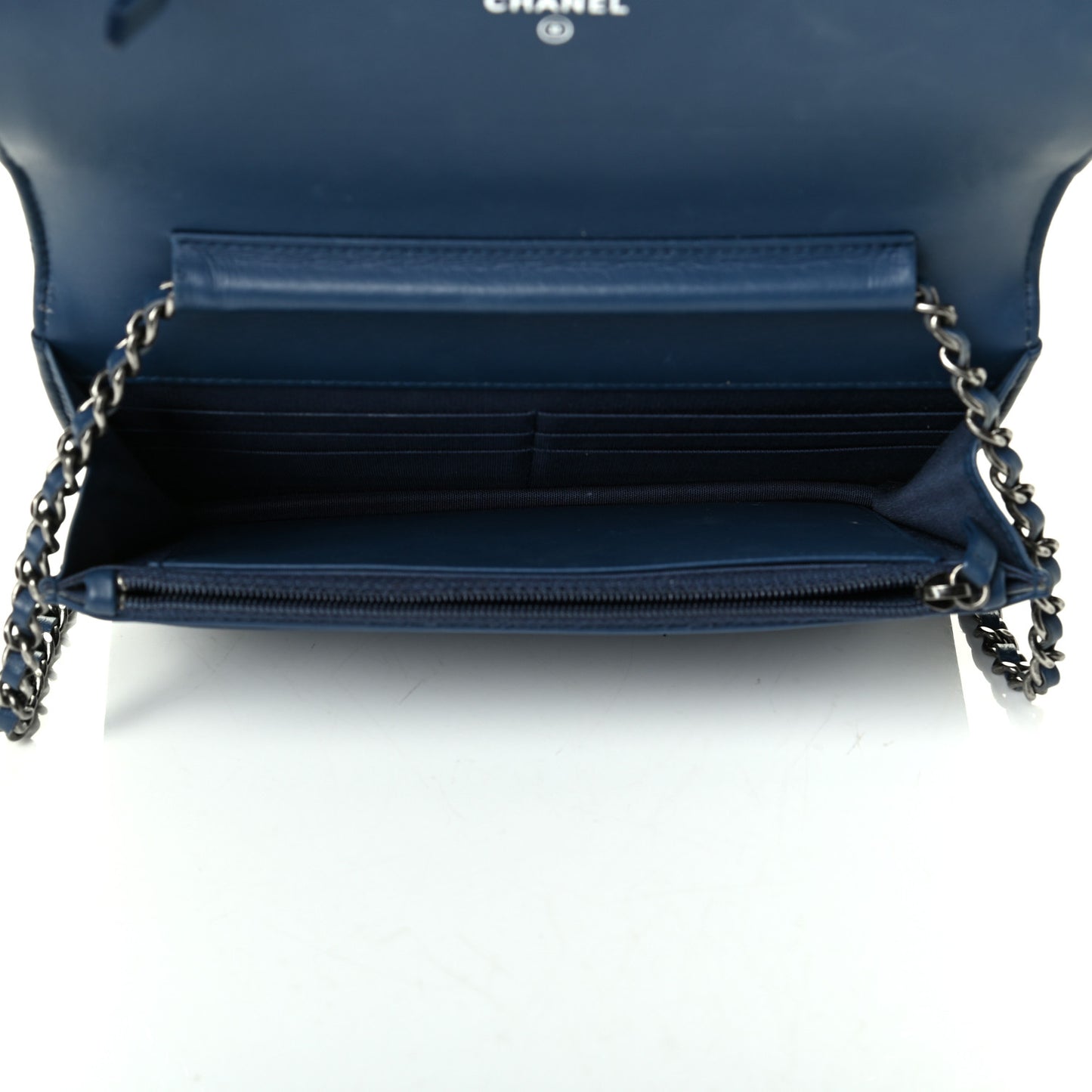 Calfskin Painted Chevron Embossed Boy Wallet On Chain WOC Navy