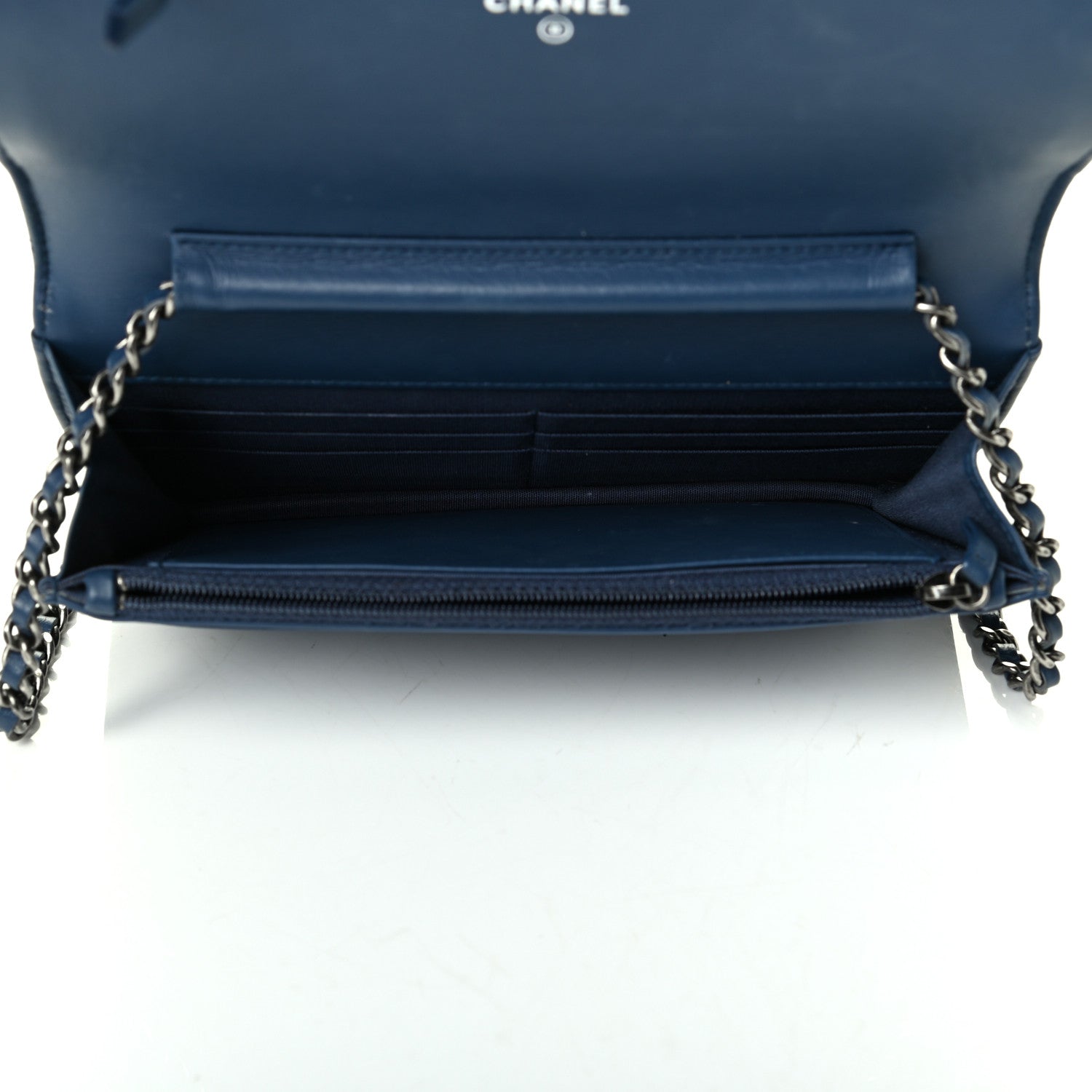 Chanel Calfskin Painted Chevron Embossed Boy Wallet On Chain WOC Navy 4 of 7
