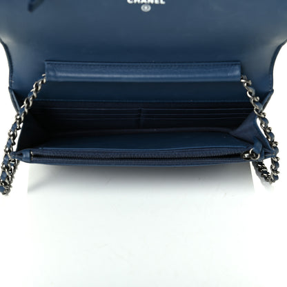 Chanel Calfskin Painted Chevron Embossed Boy Wallet On Chain WOC Navy 4 of 7