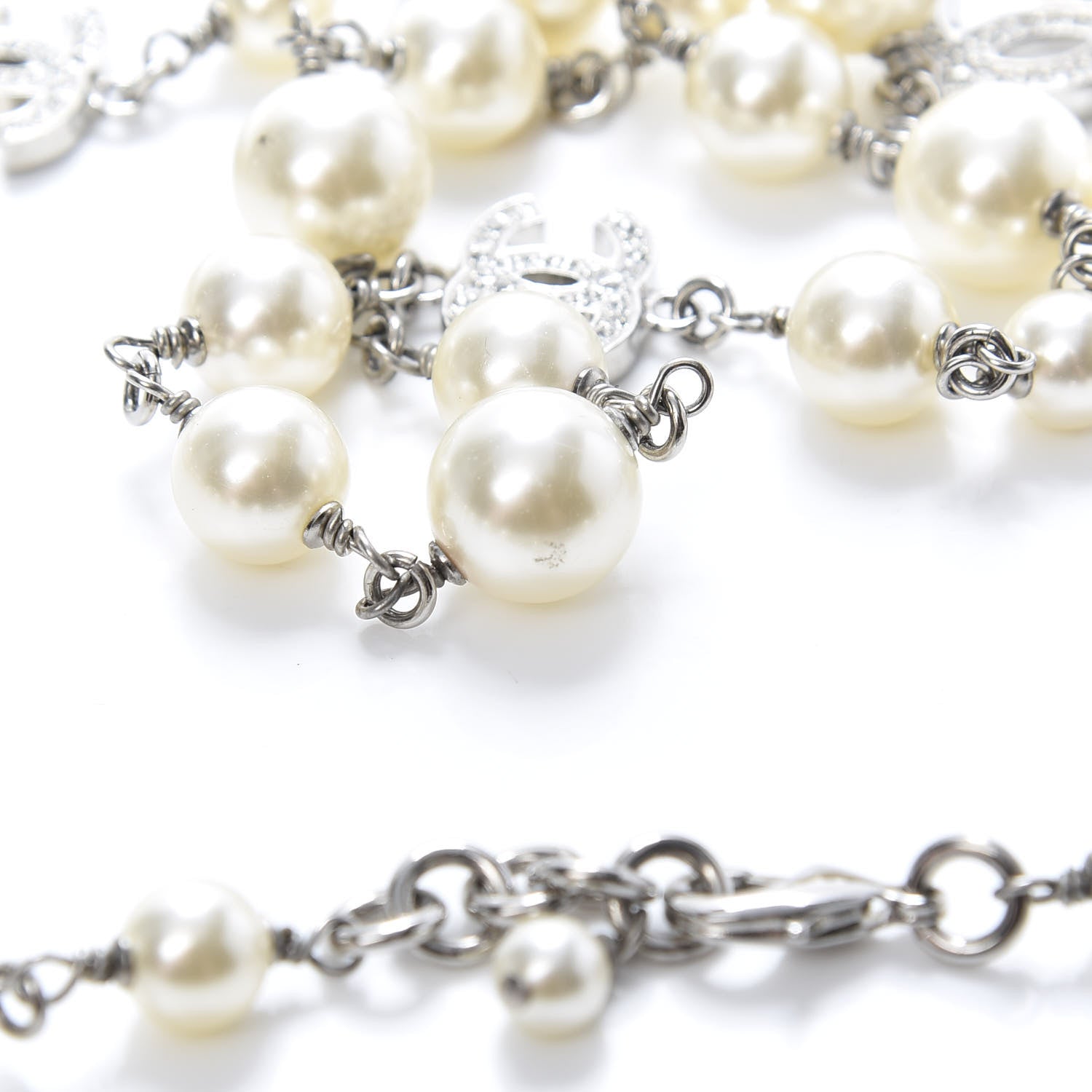 Chanel Graduated Pearl Crystal CC Long Necklace Silver 5 of 6