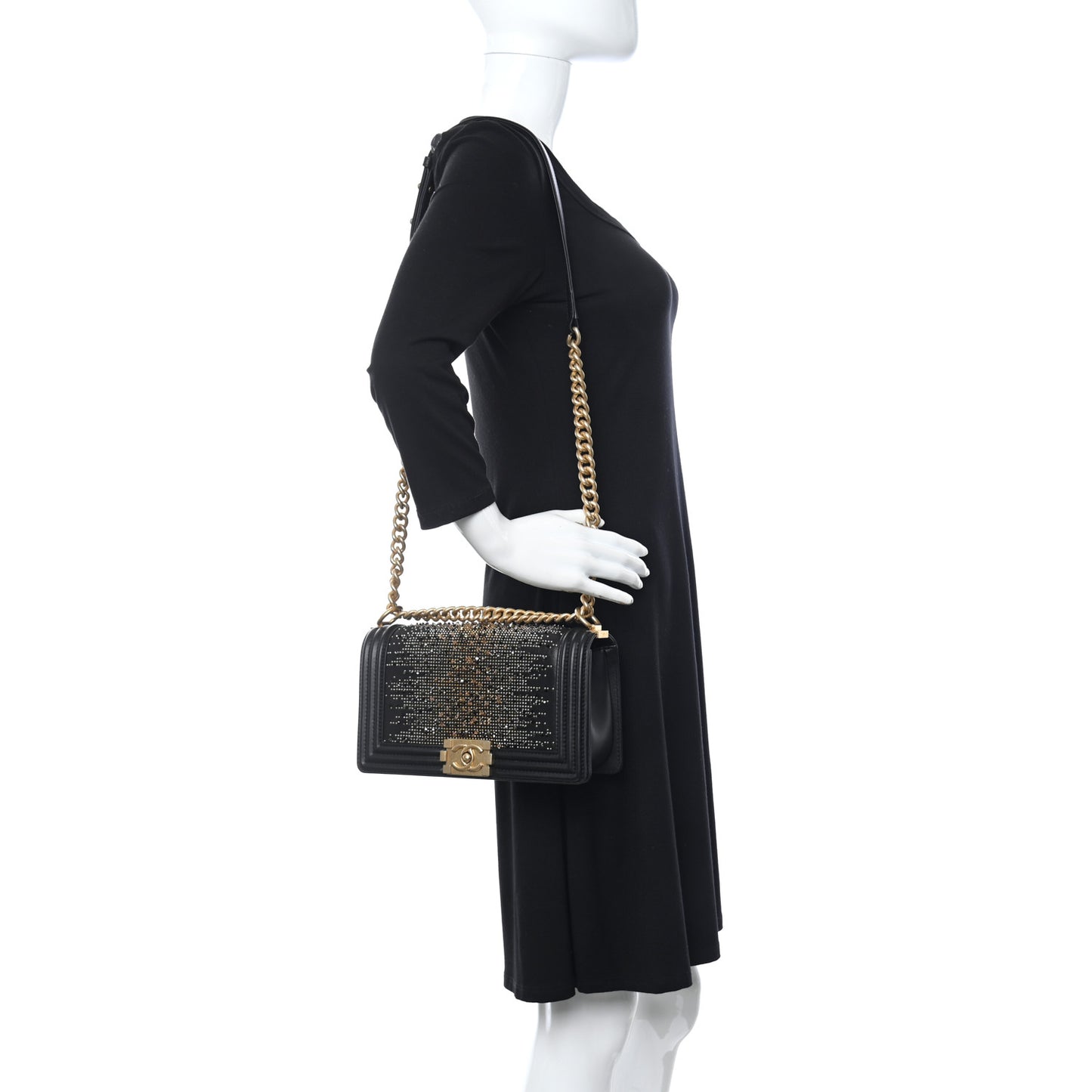 Calfskin Strass Studded Medium Boy Flap Black Gold