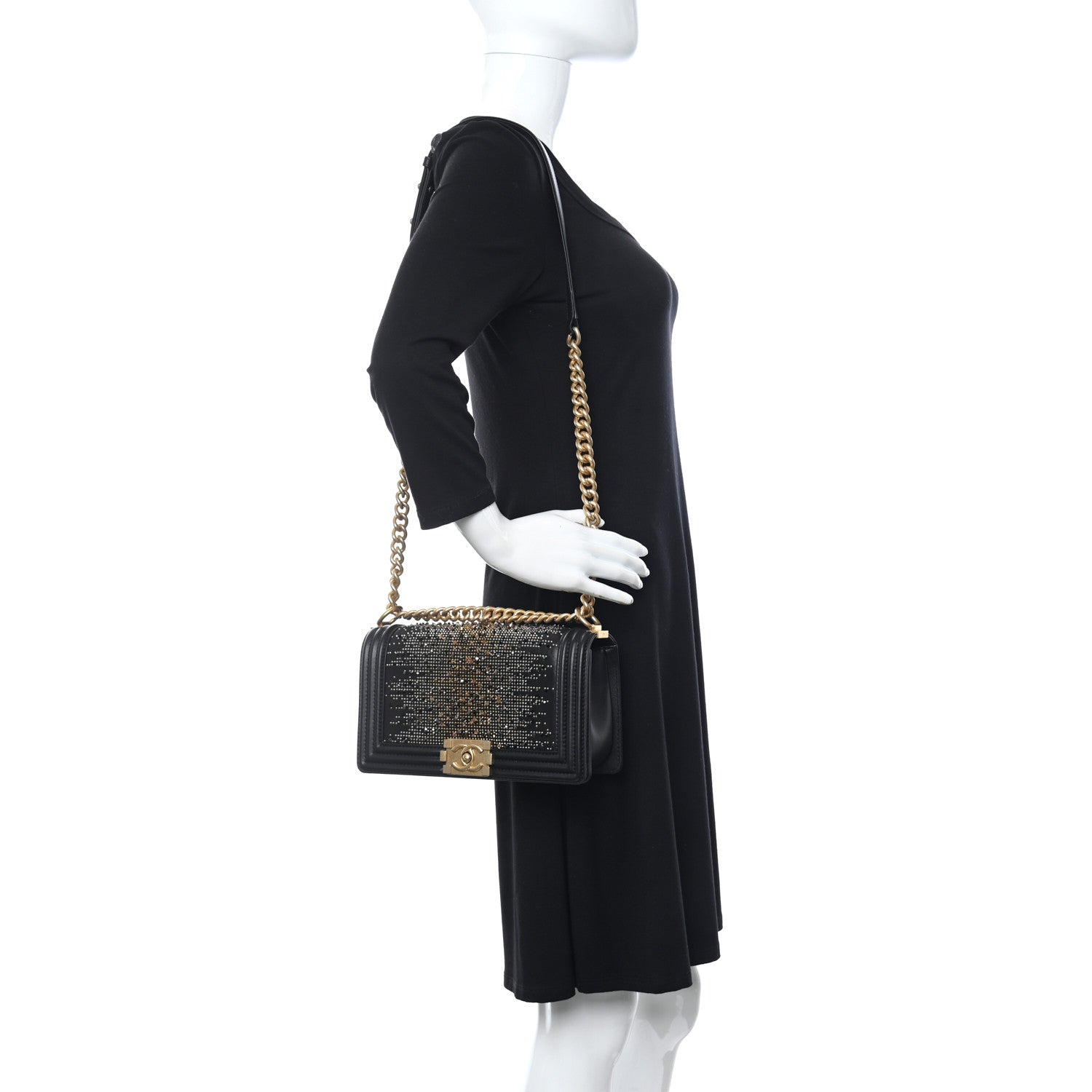 Chanel Calfskin Strass Studded Medium Boy Flap Black Gold 2 of 10