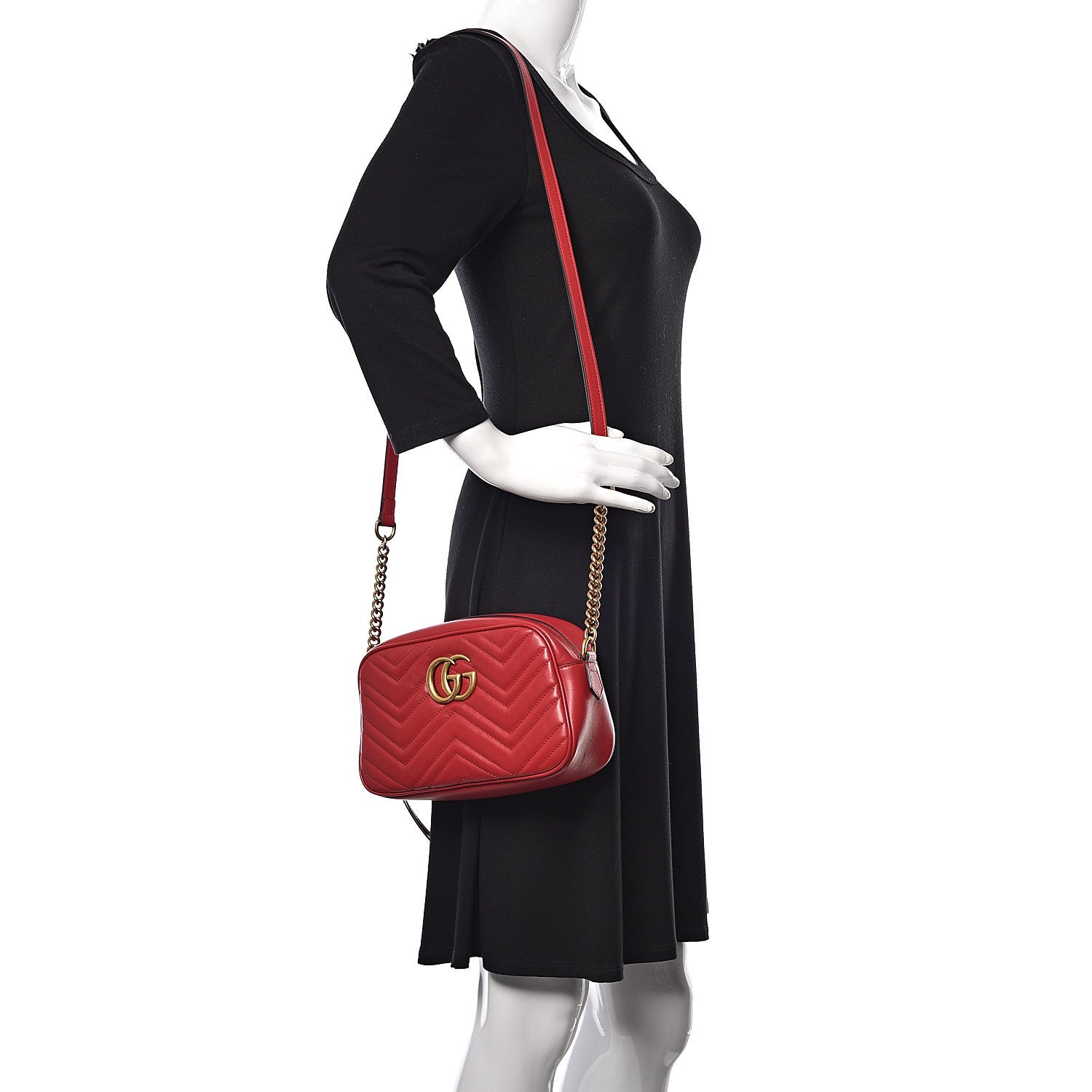 Gucci Calfskin Matelasse Small GG Marmont Chain Shoulder Bag Hibiscus Red 2 of 11