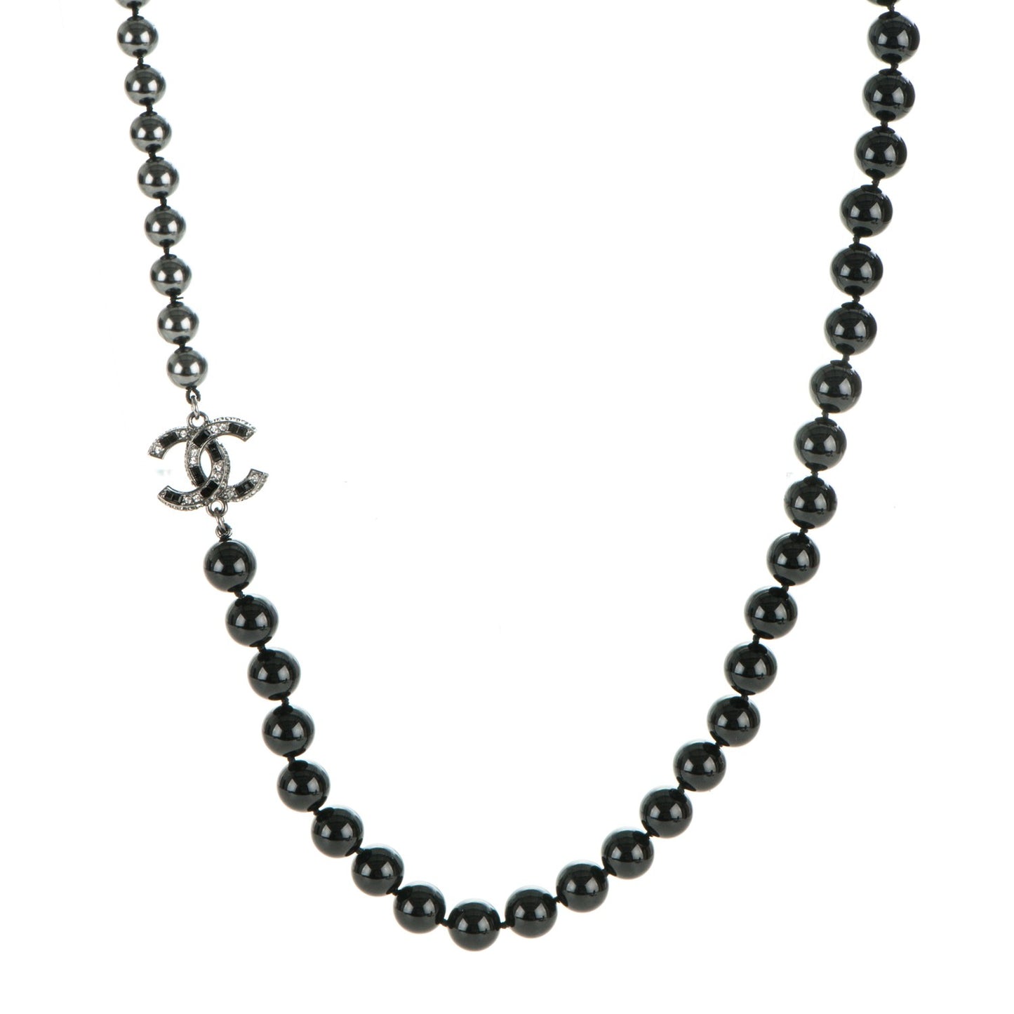 Ruthenium Graduated Bead Crystal CC Long Necklace Black Grey