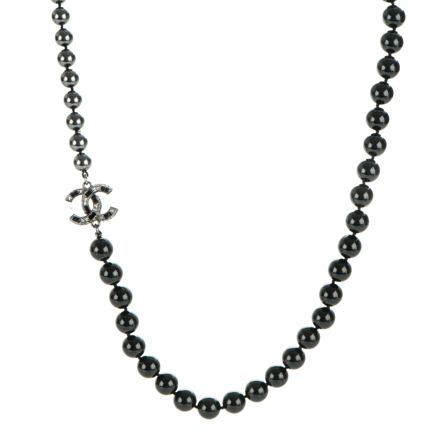 Chanel Ruthenium Graduated Bead Crystal CC Long Necklace Black Grey 1 of 4
