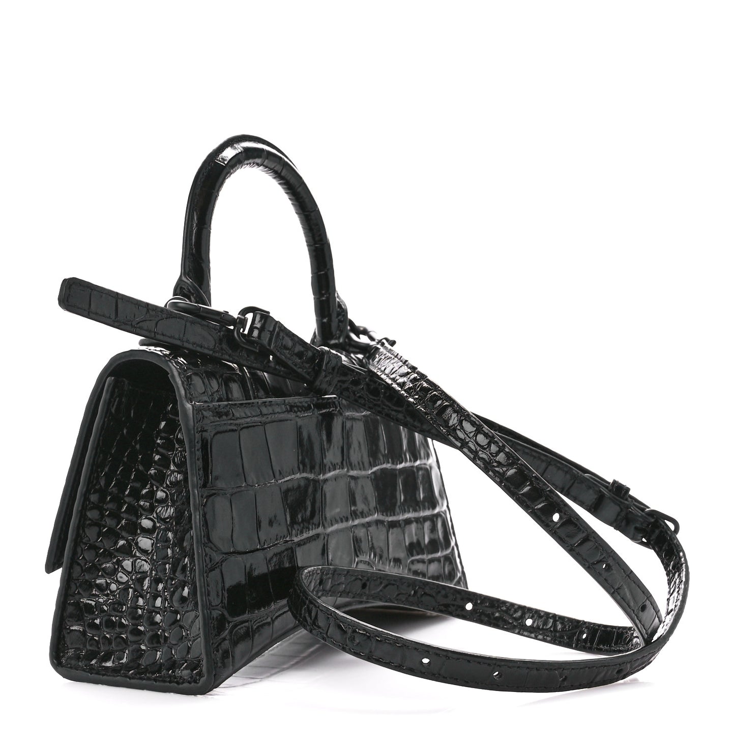 Shiny Calfskin Monochrome Crocodile Embossed Hourglass Top Handle Bag XS Black