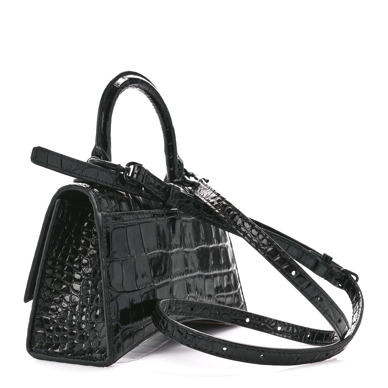Balenciaga Shiny Calfskin Monochrome Crocodile Embossed Hourglass Top Handle Bag XS Black 3 of 9