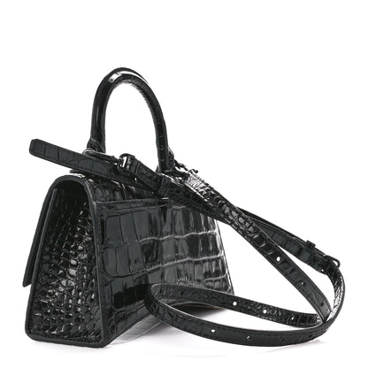 Balenciaga Shiny Calfskin Monochrome Crocodile Embossed Hourglass Top Handle Bag XS Black 3 of 9