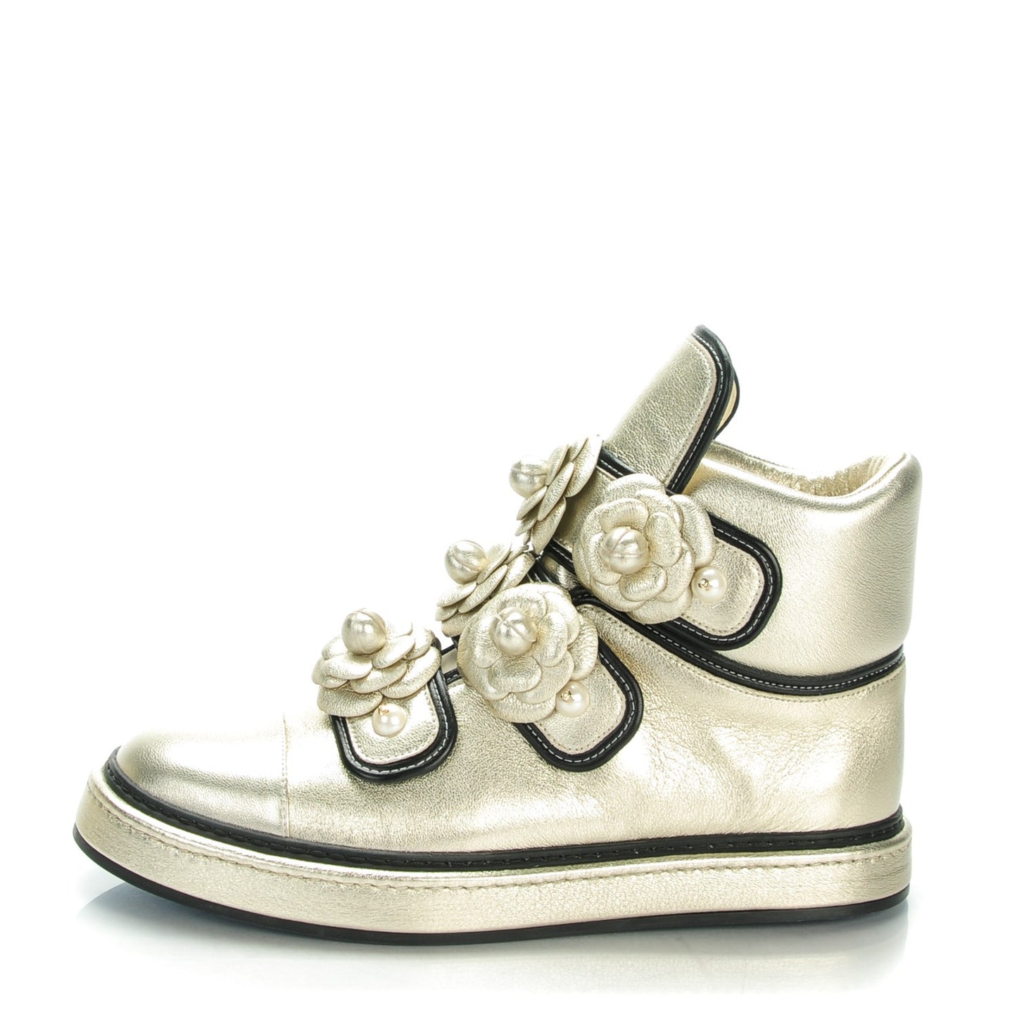Metallic Lambskin Pearl Camellia High Top Sneakers 40 Gold